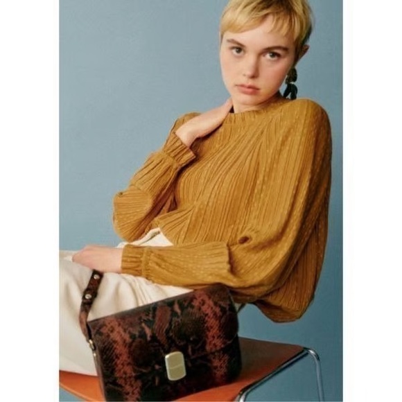 NWT Sezane Sibie Pleated Mock Neck Blouse Gold Size 38 (US 6) - Picture 2 of 9